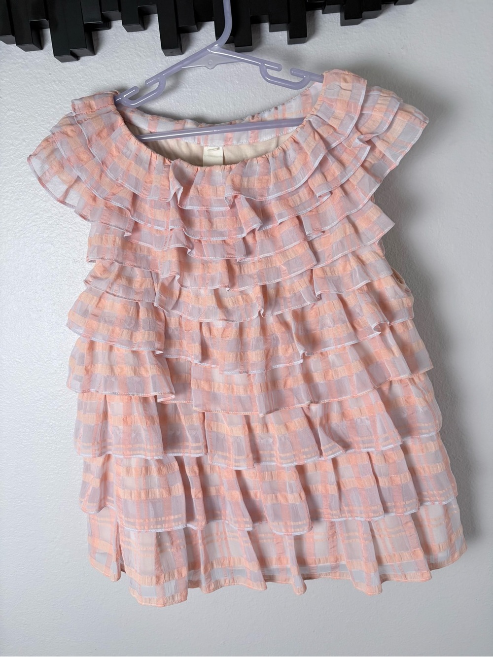 0’2nd Girls Peach Plaid Gingham Ruffle Tiered Tank Dress Size 8 Small